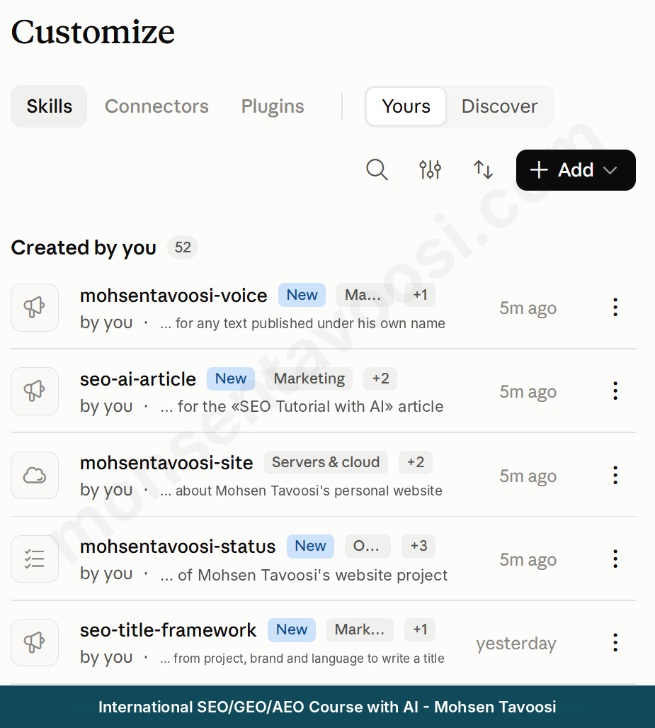 List of skills in Claude built for different SEO tasks