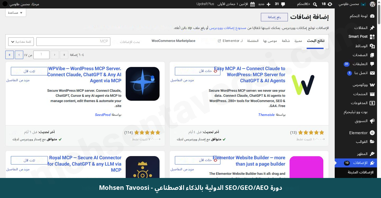 البحث عن MCP في صفحة إضافة الإضافات. Easy MCP AI هي أول إضافة من جهة اليمين