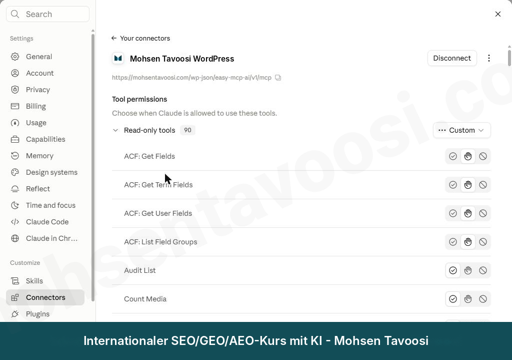 Bereich Tool permissions in Claude: Jedes Tool hat drei Symbole, das Häkchen steht für Always allow, die Hand für Needs approval und der durchgestrichene Kreis für Blocked
