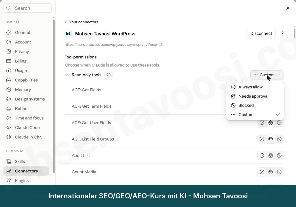 Dropdown-Menü neben der Gruppe Read-only tools: Custom bedeutet, dass die Tools dieser Gruppe unterschiedliche Modi haben