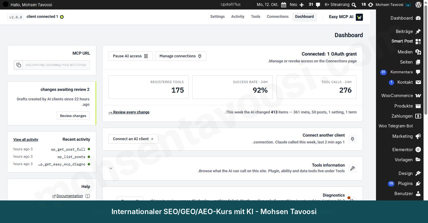 Dashboard von Easy MCP AI: Das Feld MCP URL ist oben links