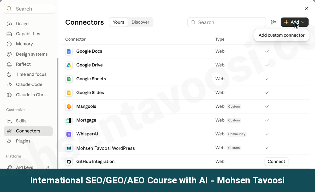Connectors list in Claude's settings. Clicking Add opens the Add custom connector menu