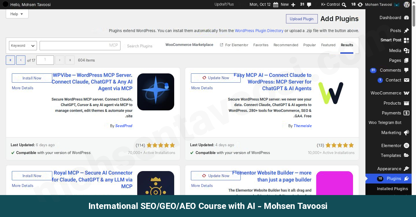 Searching for MCP on the Add New Plugin page. Easy MCP AI is the first plugin in the results