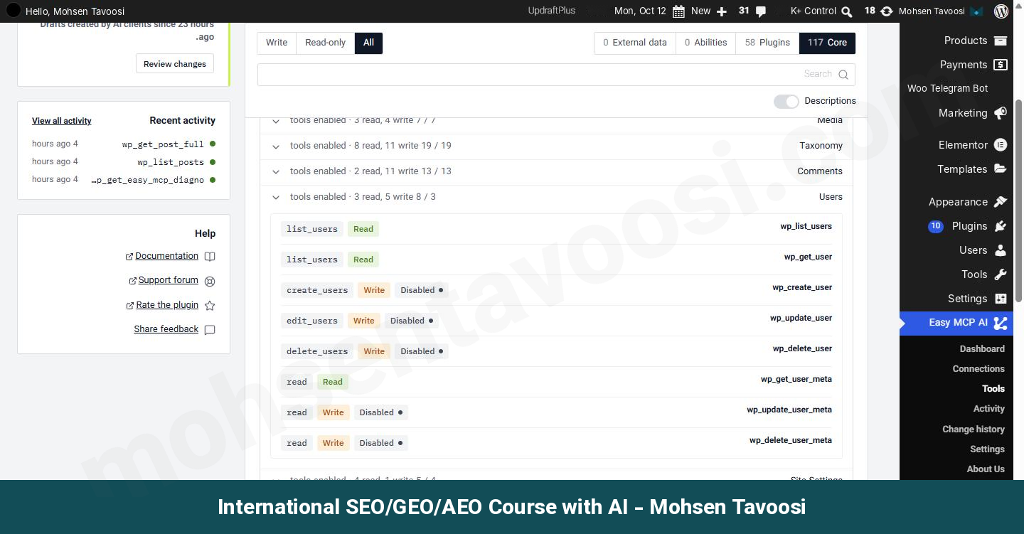 Tools page in the Easy MCP AI plugin. Tools for creating, editing and deleting users are Disabled on my site