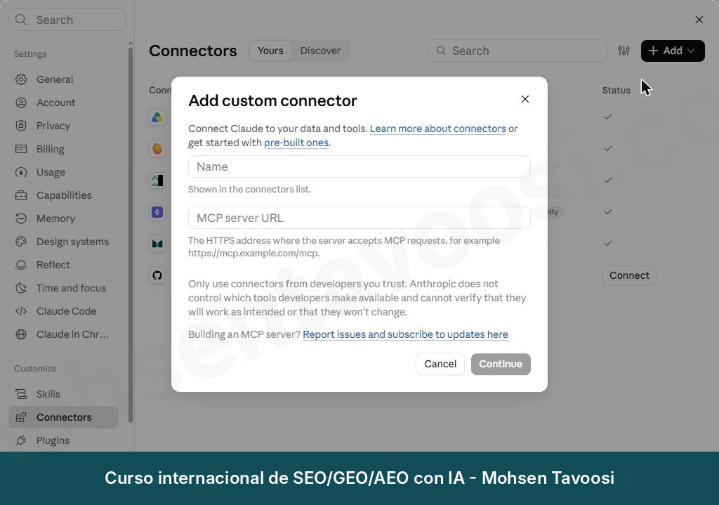 Ventana Add custom connector. Aquí escribes el nombre y la dirección MCP