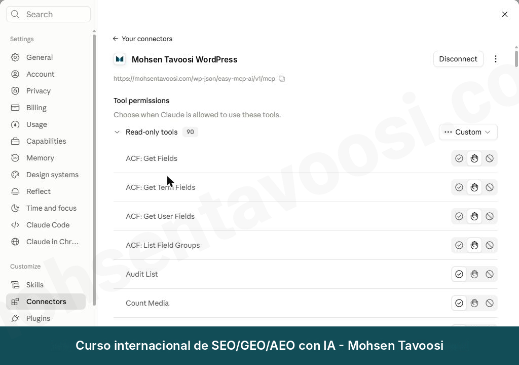 Sección Tool permissions en Claude. Cada herramienta tiene tres iconos: la marca de verificación es Always allow, la mano es Needs approval y el círculo tachado es Blocked