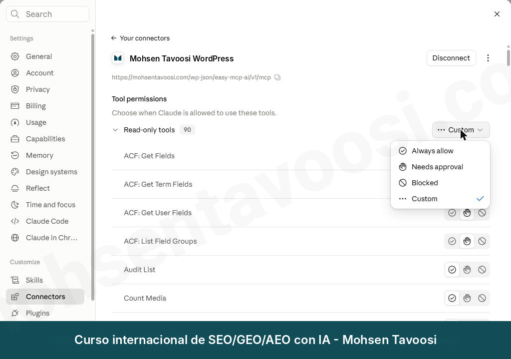 Menú desplegable junto al grupo Read-only tools. Custom significa que las herramientas de este grupo tienen modos distintos