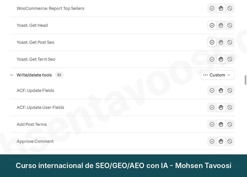 Grupo Write/delete tools en Claude. Las herramientas que cambian algo están en Needs approval
