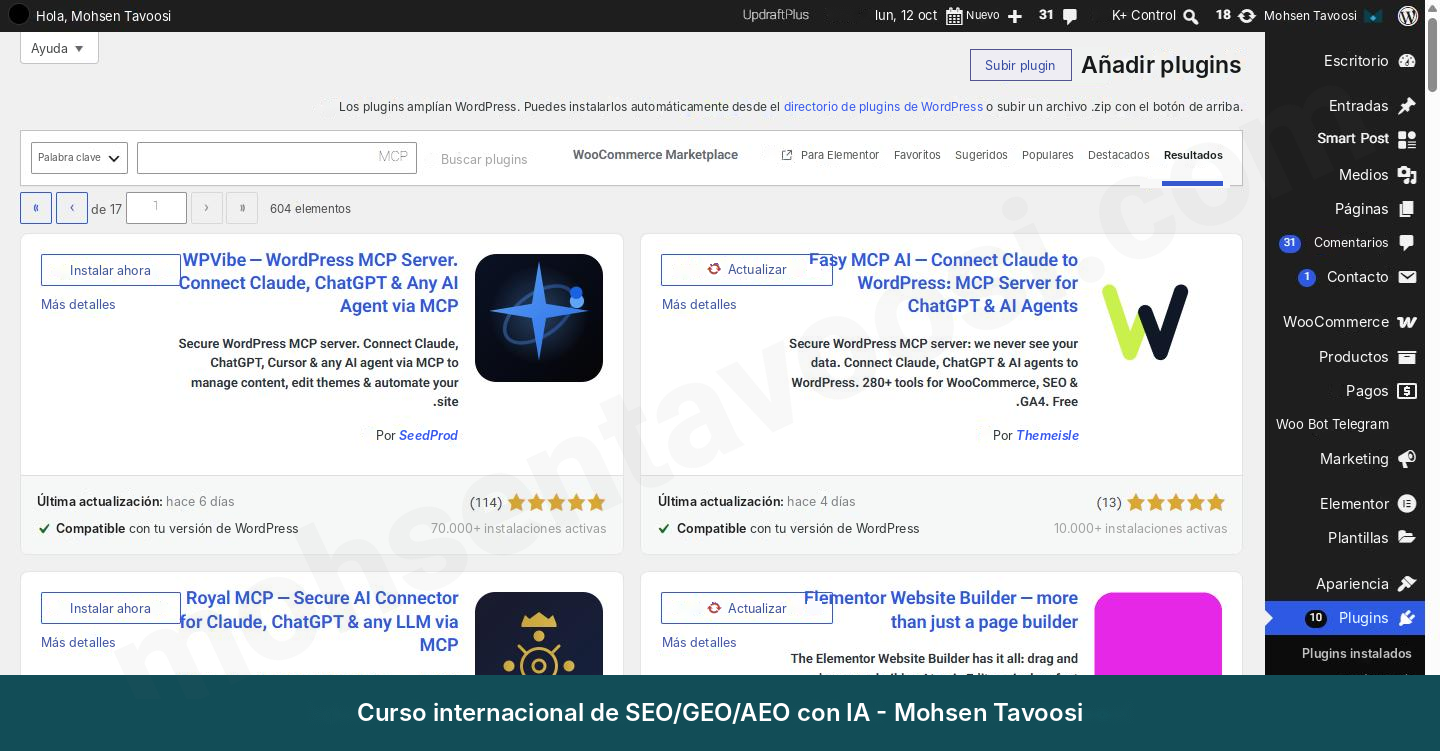Búsqueda de MCP en la sección para añadir plugins. Easy MCP AI es el primer plugin de la derecha