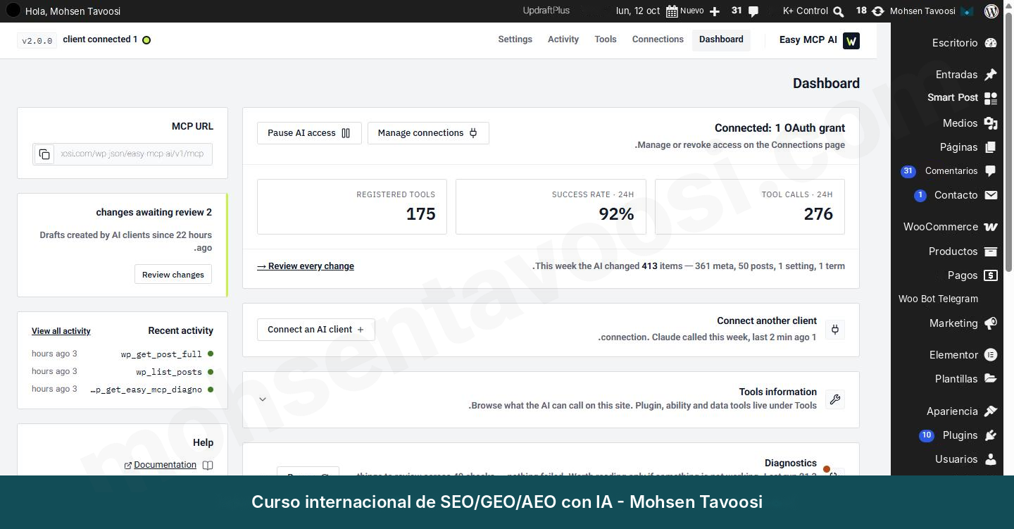 Dashboard de Easy MCP AI. El cuadro MCP URL está arriba a la izquierda
