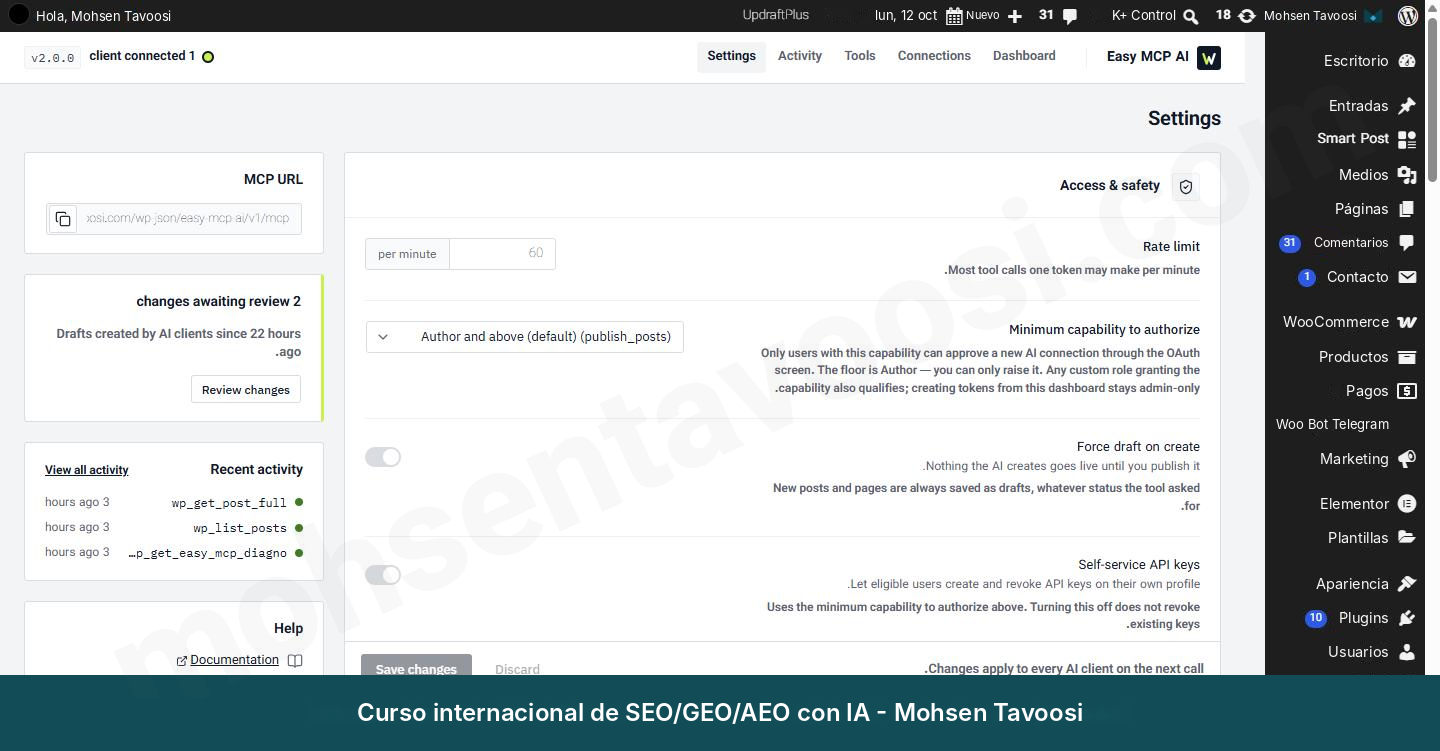 Ajustes del plugin. Force draft on create hace que todo lo que crea Claude se quede como borrador