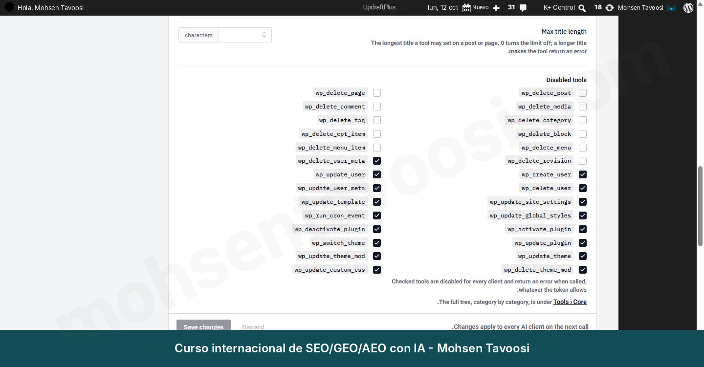 Lista Disabled tools en los ajustes del plugin. Las herramientas marcadas quedan apagadas para todas las conexiones