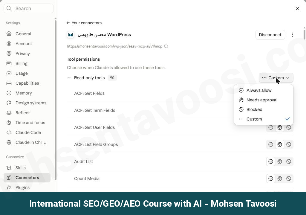 منوی کشویی کنار دسته Read-only tools. نوشته Custom یعنی ابزارهای این دسته حالت های مختلف دارند