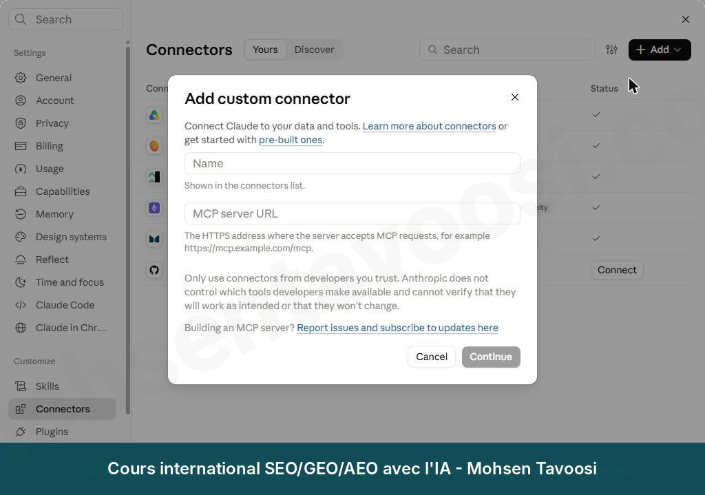 La fenêtre Add custom connector. C'est ici que vous saisissez le nom et l'adresse MCP