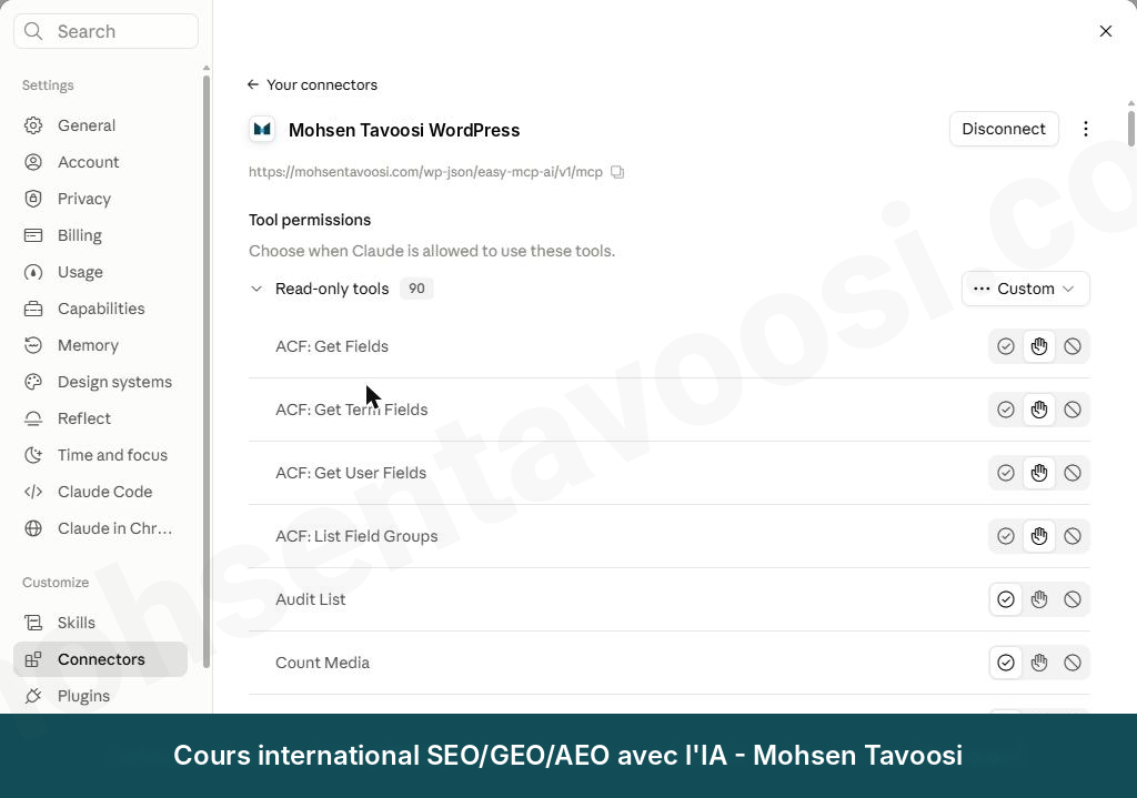 La section Tool permissions dans Claude. Chaque outil a trois icônes&nbsp;: la coche signifie Always allow, la main Needs approval et le cercle barré Blocked
