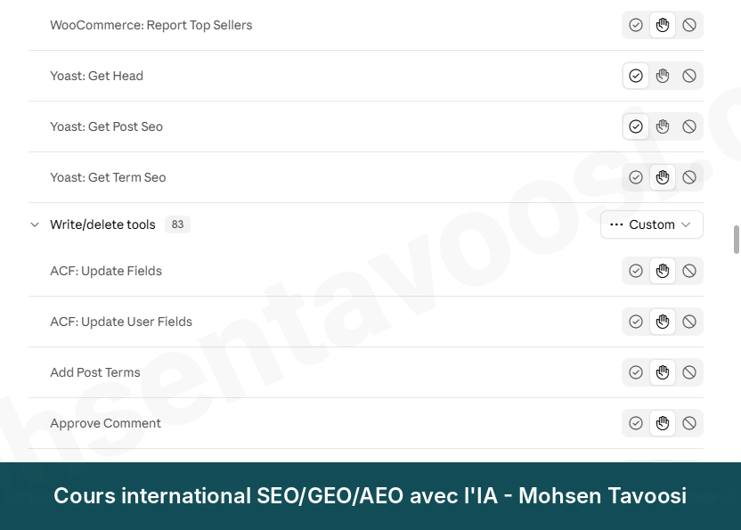 Le groupe Write/delete tools dans Claude. Les outils qui modifient quelque chose sont sur Needs approval