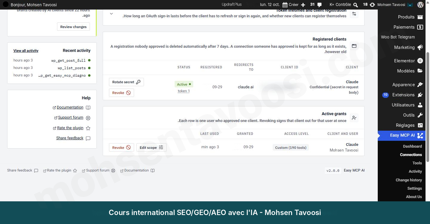 L'onglet OAuth de la page Connections. Le bouton Revoke coupe cette connexion. J'ai flouté l'identifiant du client