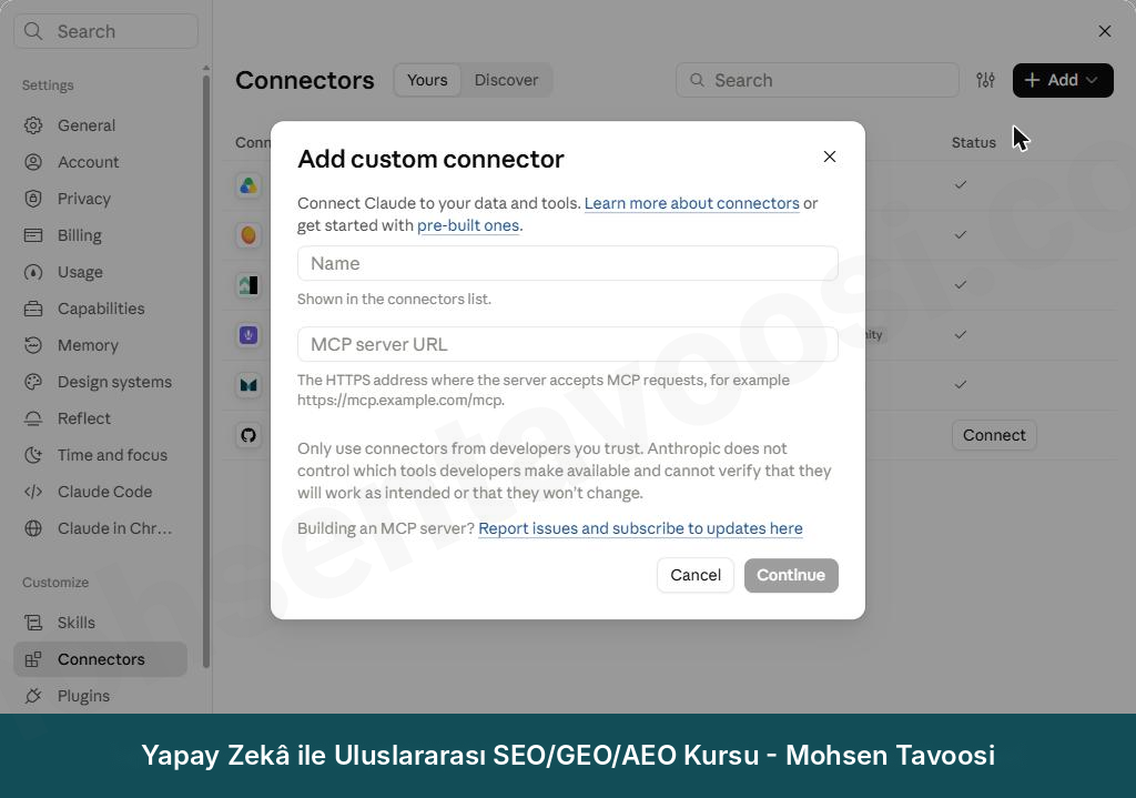 Add custom connector penceresi. Adı ve MCP adresini buraya giriyorsunuz
