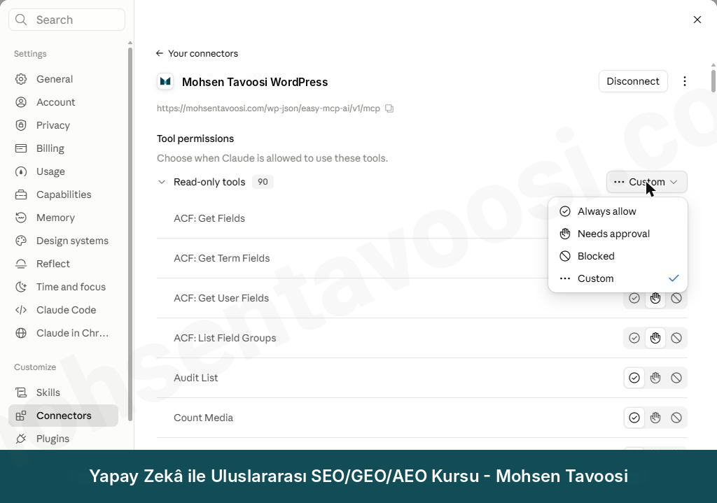 Read-only tools grubunun yanındaki açılır menü. Custom yazısı, bu gruptaki araçların farklı durumlarda olduğu anlamına geliyor
