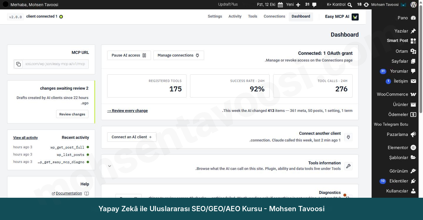 Easy MCP AI panosu. MCP URL kutusu sol üstte