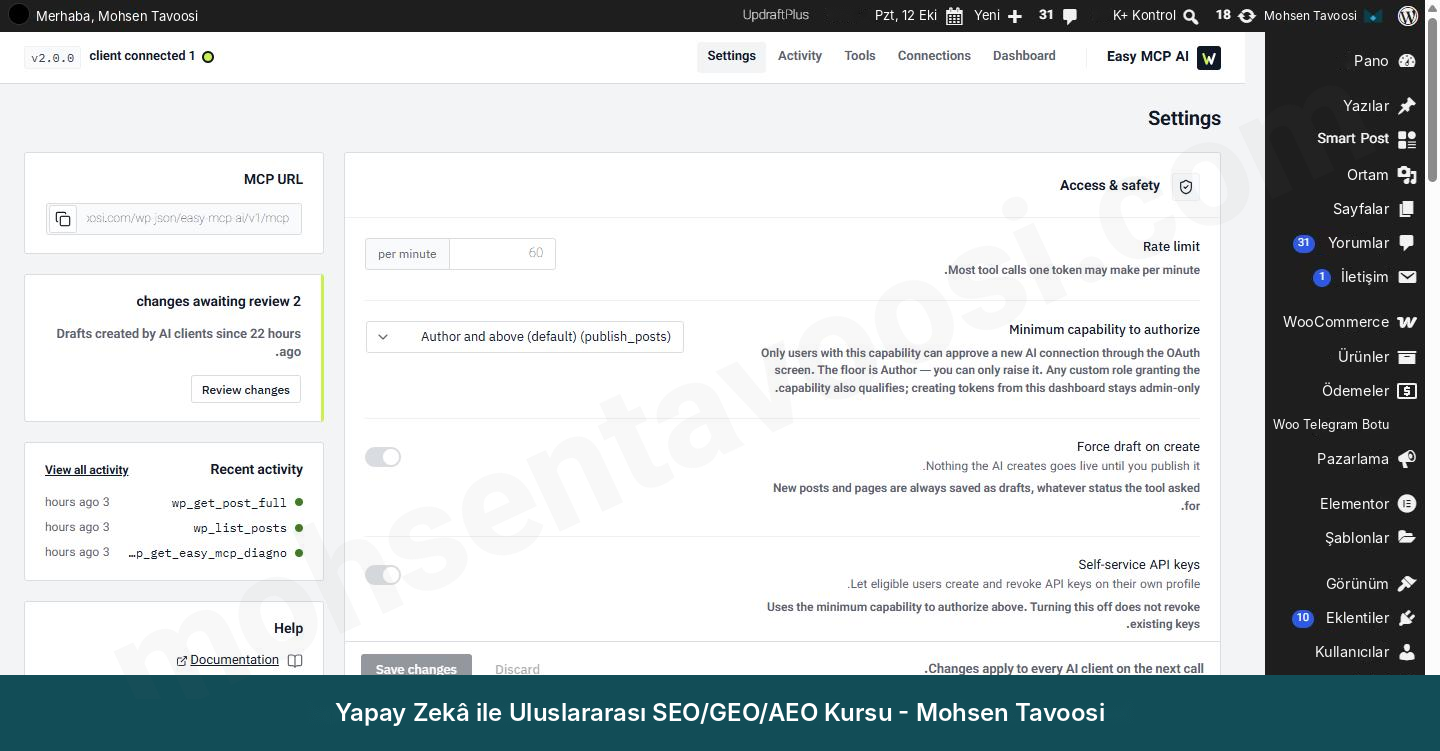 Eklenti ayarları. Force draft on create, Claude'un oluşturduğu her şeyin taslak olarak kalmasını sağlıyor