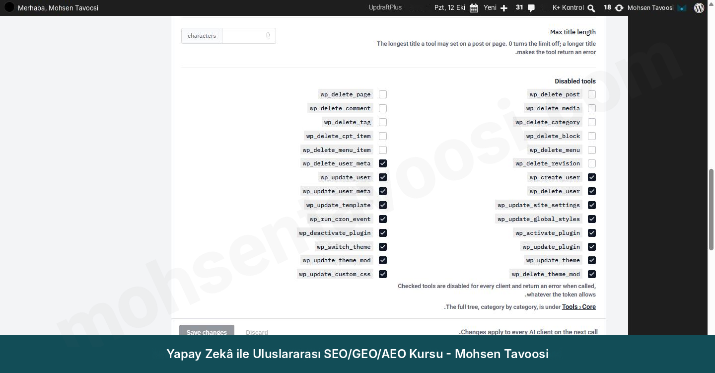 Eklenti ayarlarındaki Disabled tools listesi. İşaretlenen araçlar bütün bağlantılar için kapalı