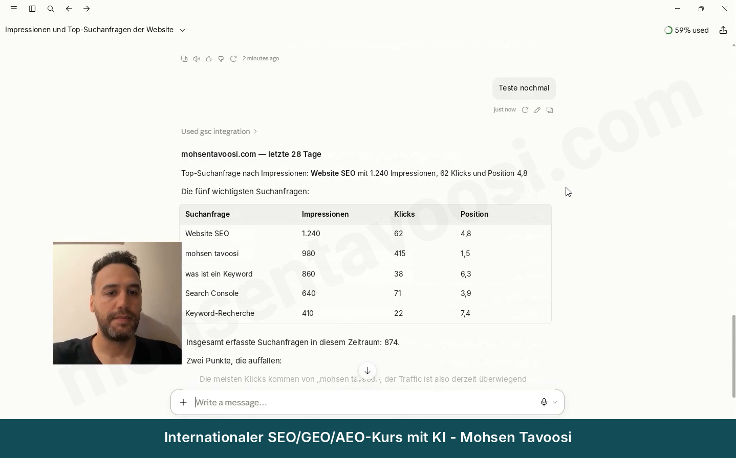 Antwort von Claude mit Search-Console-Daten von mohsentavoosi.com (die Zahlen sind Beispielwerte)