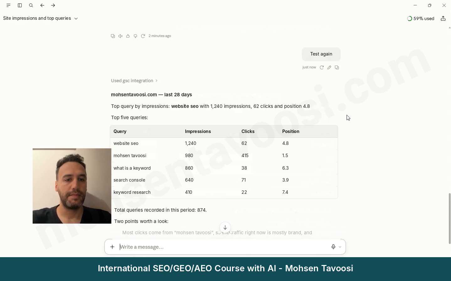 Claude's answer with Search Console data for mohsentavoosi.com (the numbers are sample numbers)