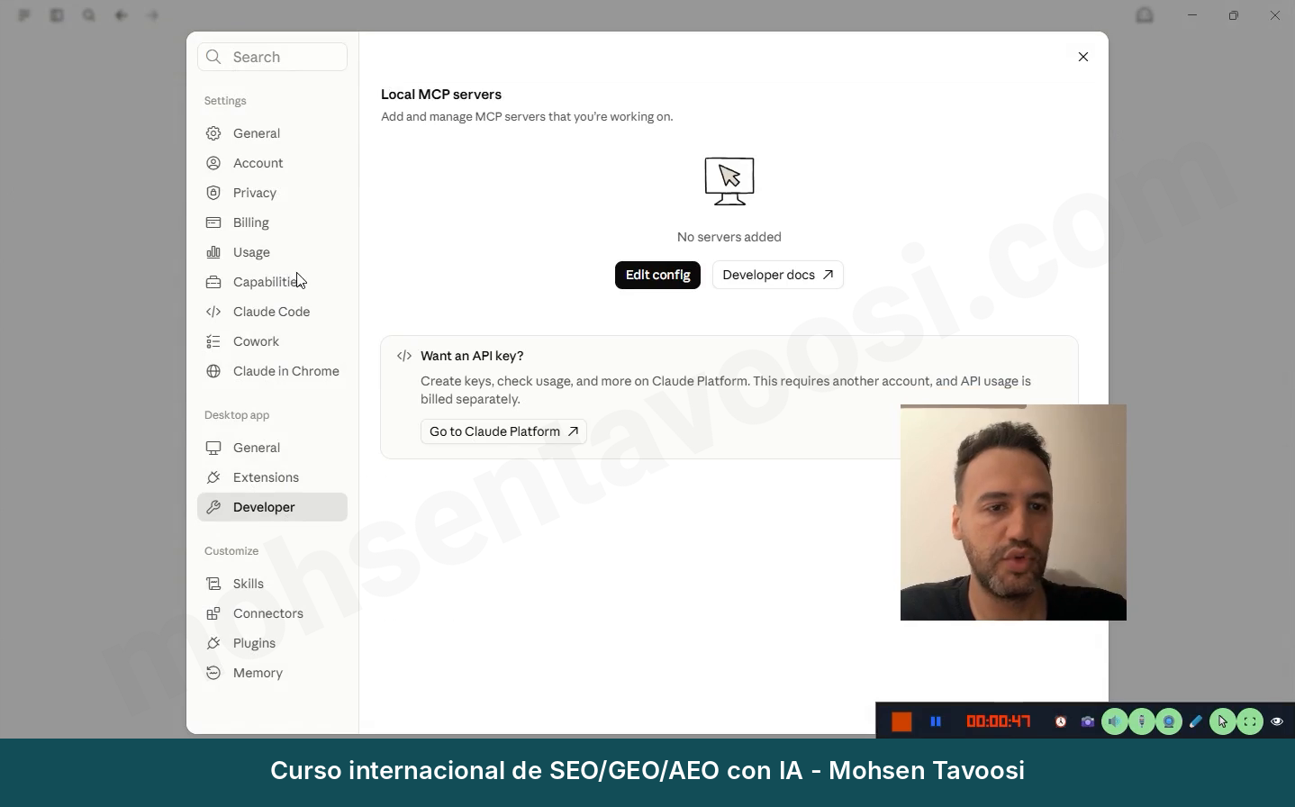 Menú Settings, sección Developer y botón Edit config