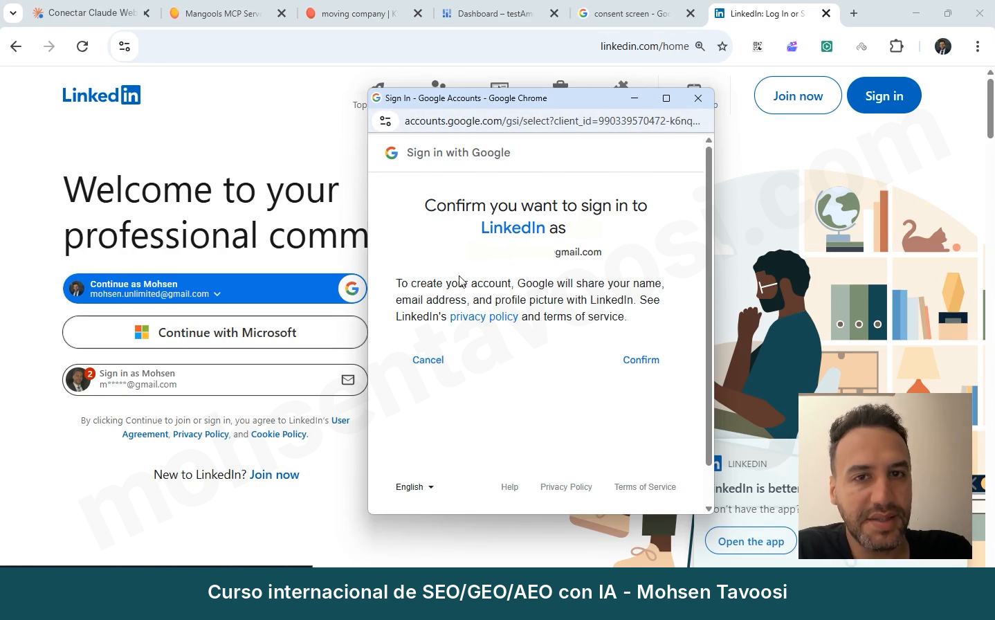 Ejemplo de Consent Screen al entrar en LinkedIn con Google