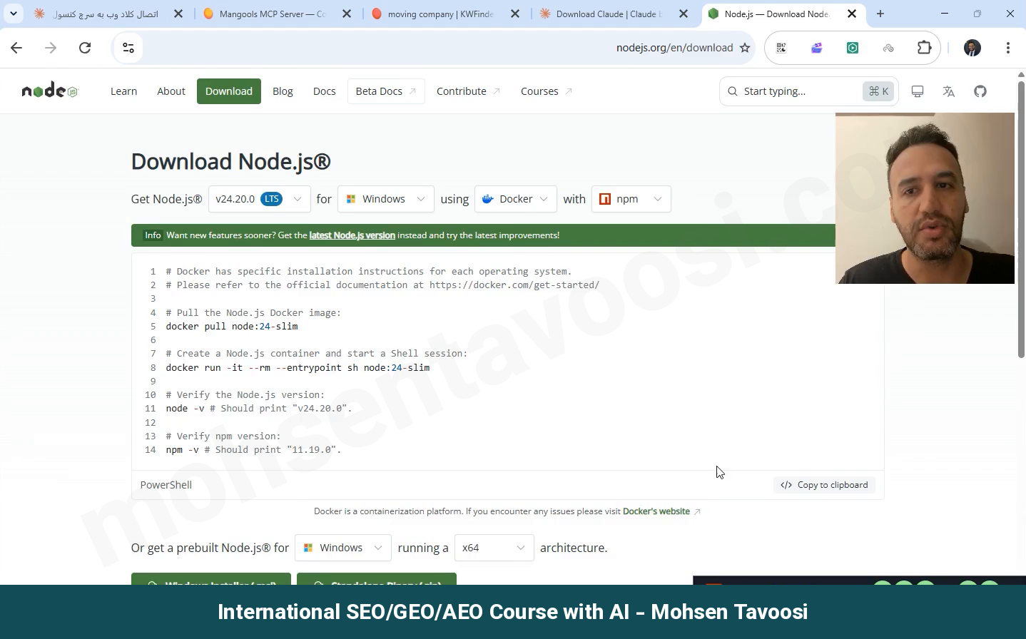 صفحه دانلود Node.js. نسخه LTS و Windows Installer رو بگیرید