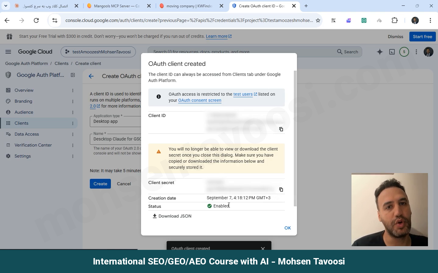 پنجره ساخته شدن کلید. Client ID و Client secret رو با Download JSON بگیرید