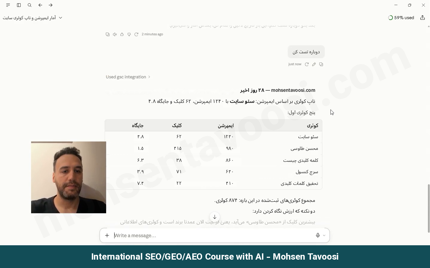 جواب Claude با داده سرچ کنسول mohsentavoosi.com (عددها نمونه هستند)
