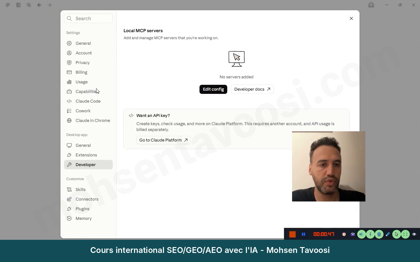 Menu Settings, section Developer et bouton Edit config