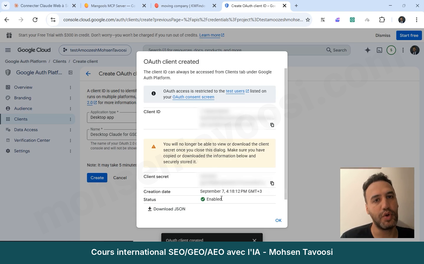 La fenêtre de création de la clé. Récupérez le Client ID et le Client secret avec Download JSON