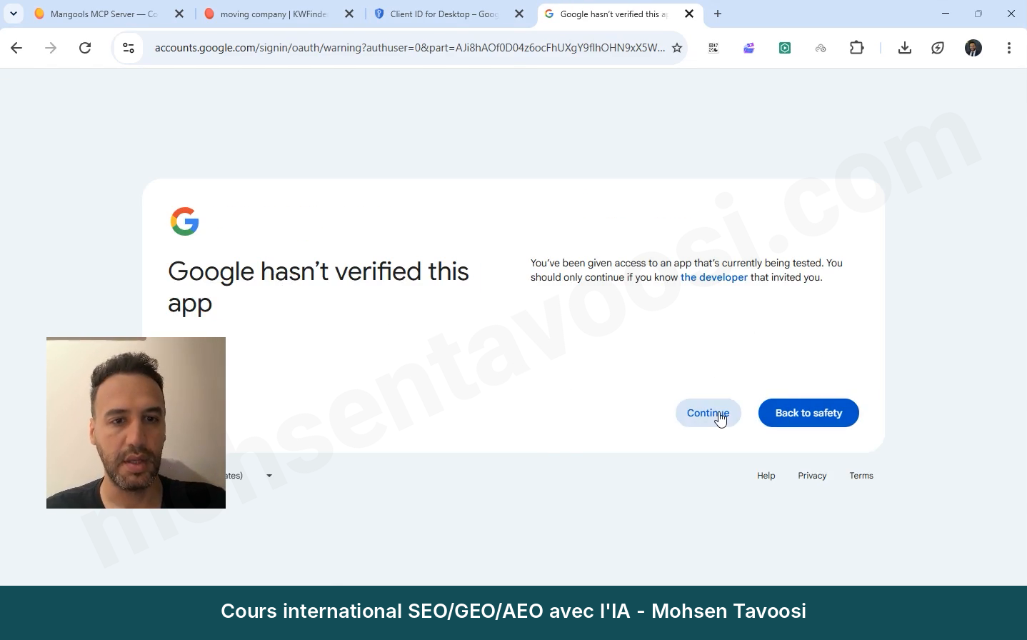La page Google hasn't verified this app. Cliquez sur le bouton Continue