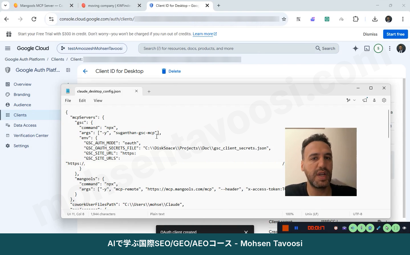 私の設定ファイルのmcpServersブロック。Search Consoleのサーバーともう1つのサーバーが入っています