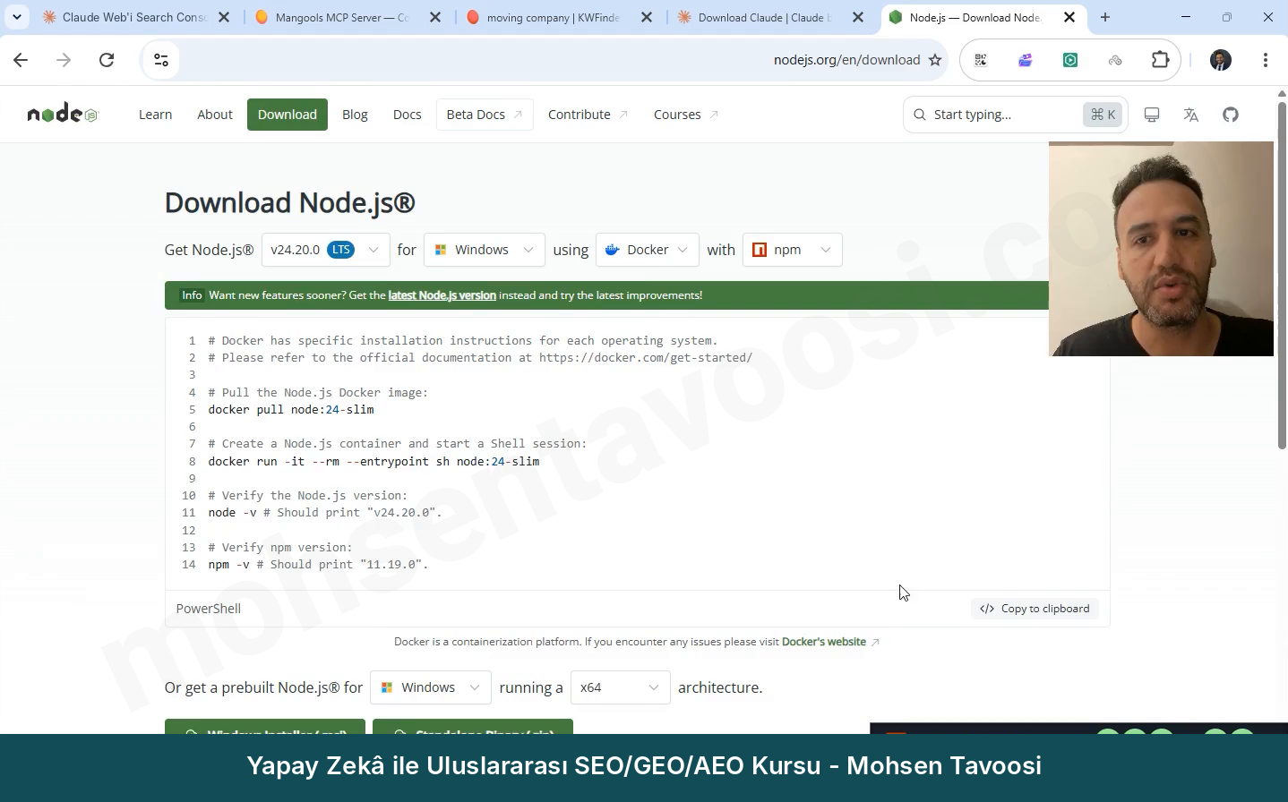 Node.js indirme sayfası. LTS sürümünü ve Windows Installer'ı seçin