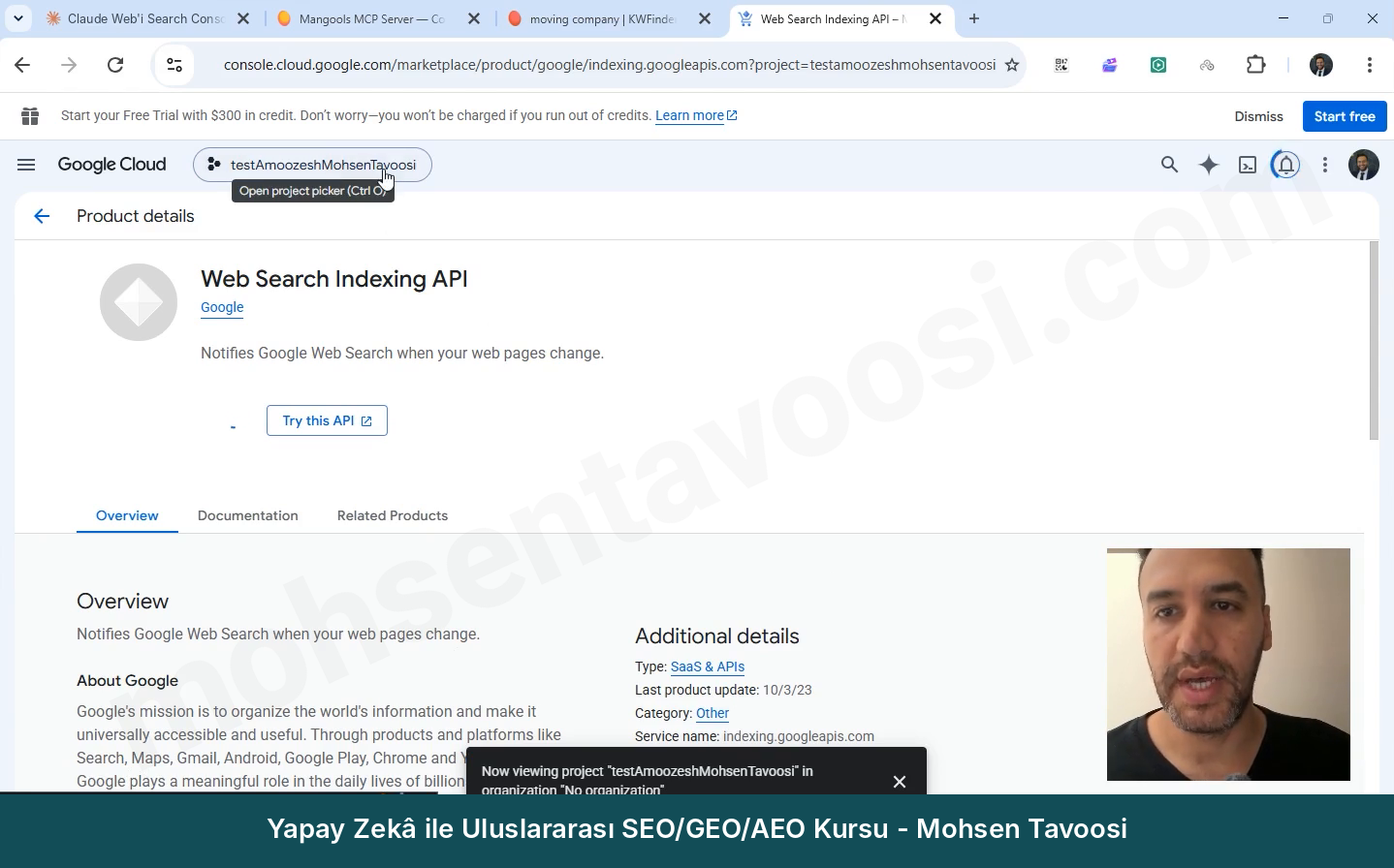 Web Search Indexing API sayfası