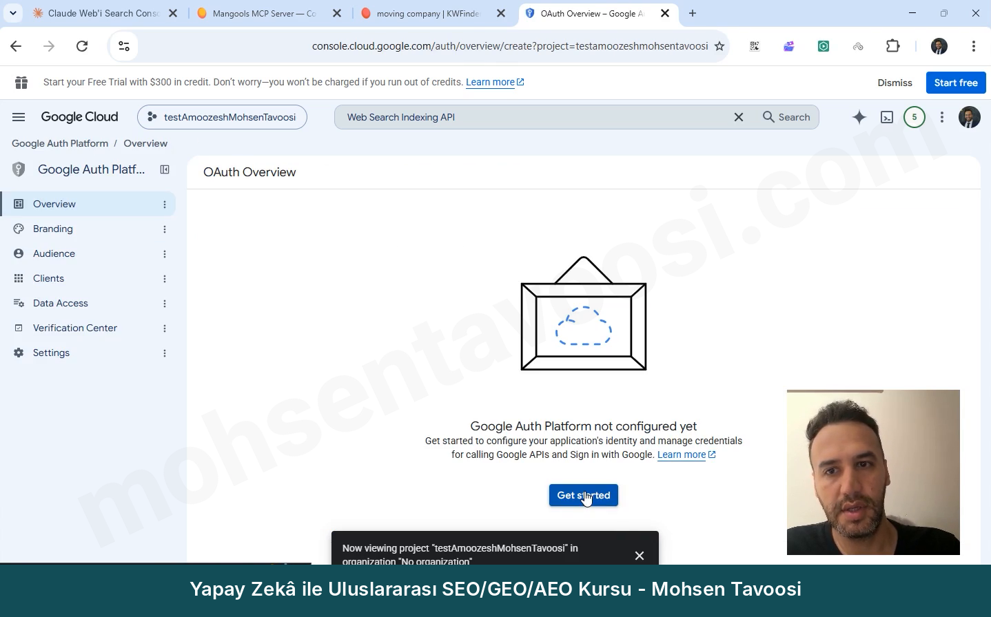 Google Auth Platform henüz ayarlanmamış. Get started düğmesine basın