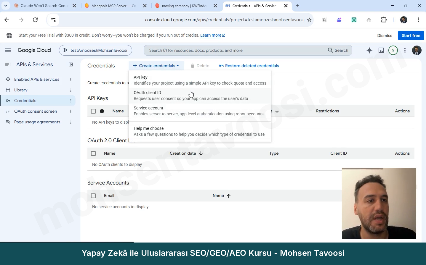 Create credentials ve OAuth client ID seçeneği