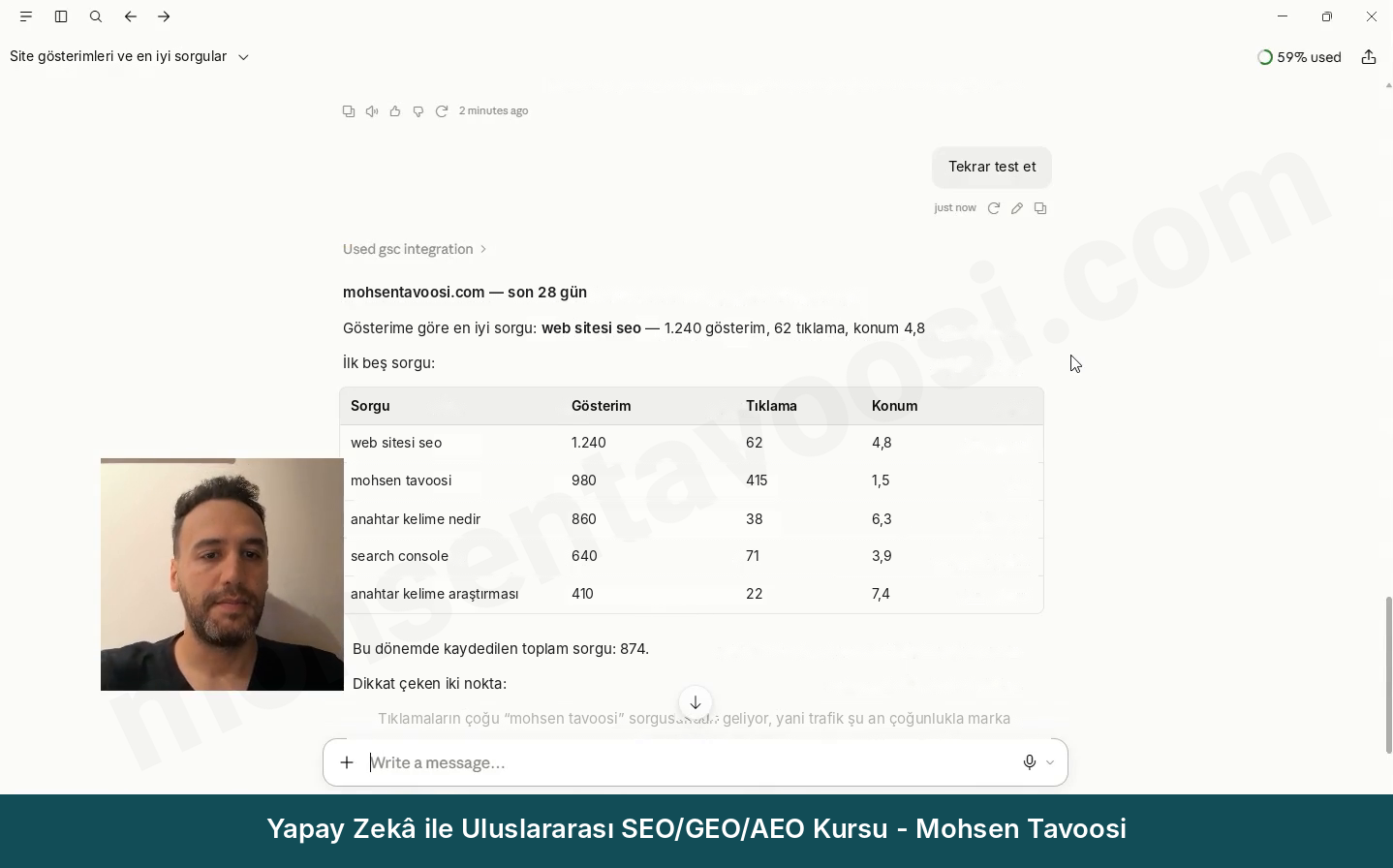 mohsentavoosi.com için Search Console verisiyle Claude'un cevabı (sayılar örnektir)